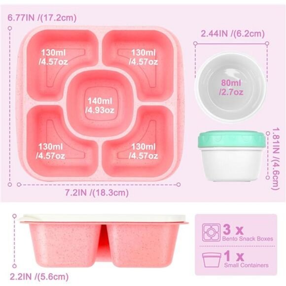 Bento Snack Containers with 5 Compartments (3 Pack) - Reusable Bento Boxes - Picture 3 of 7